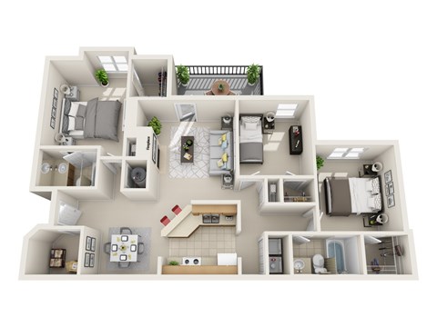 A 3D floor plan of a house with multiple rooms and furniture.